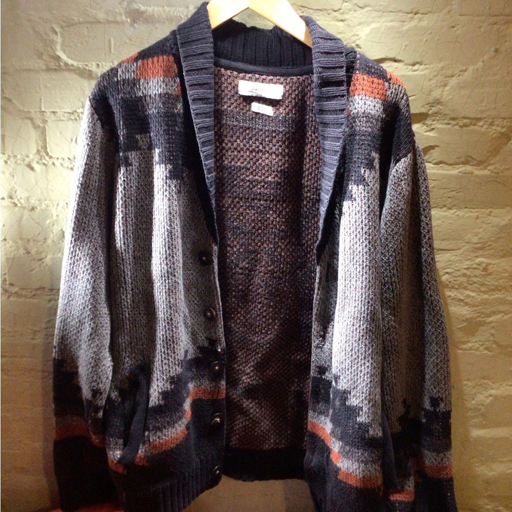 Boho Fox Shawl Collar Patterned Cardigan Sweater - Gray & Rust *read